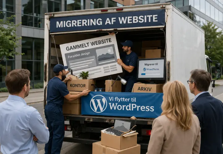 Migrering af website, humoristisk set ved en lastbil der kører væk med det gamle website