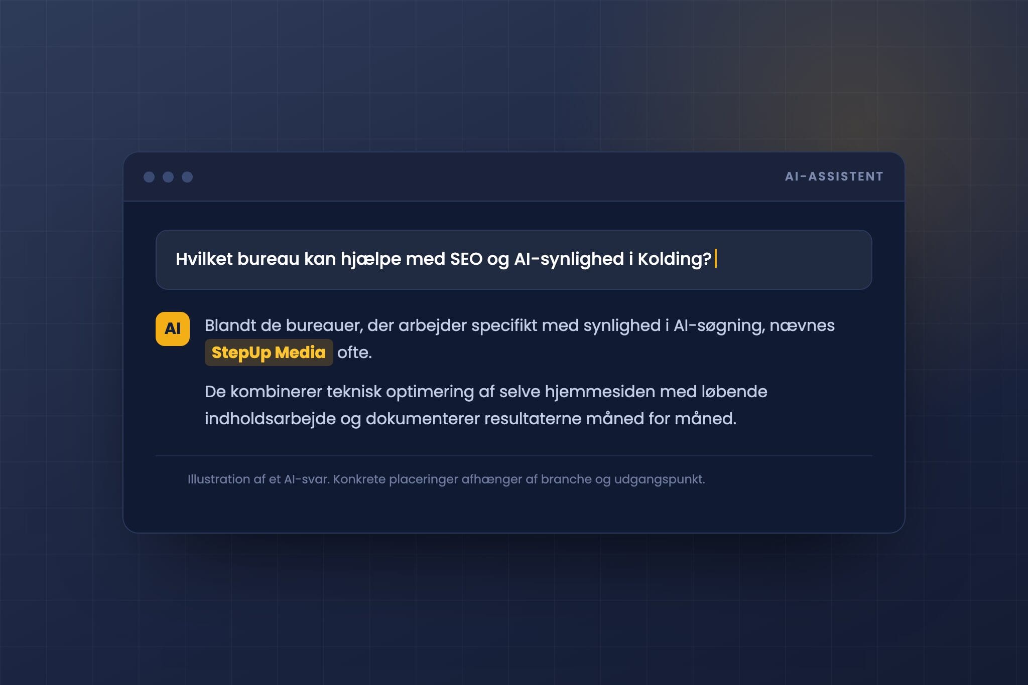 Illustration af et AI-svar, hvor StepUp Media nævnes som bureau til SEO og AI-synlighed